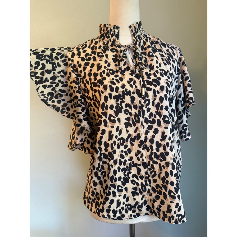 T Tahari Leopard Smocked Ruffle Flutter  Blouse TanBlack S y2k boho dainty print